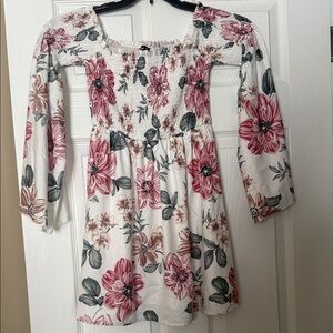 SHEIN Pink and Gray Floral Smocked Dress